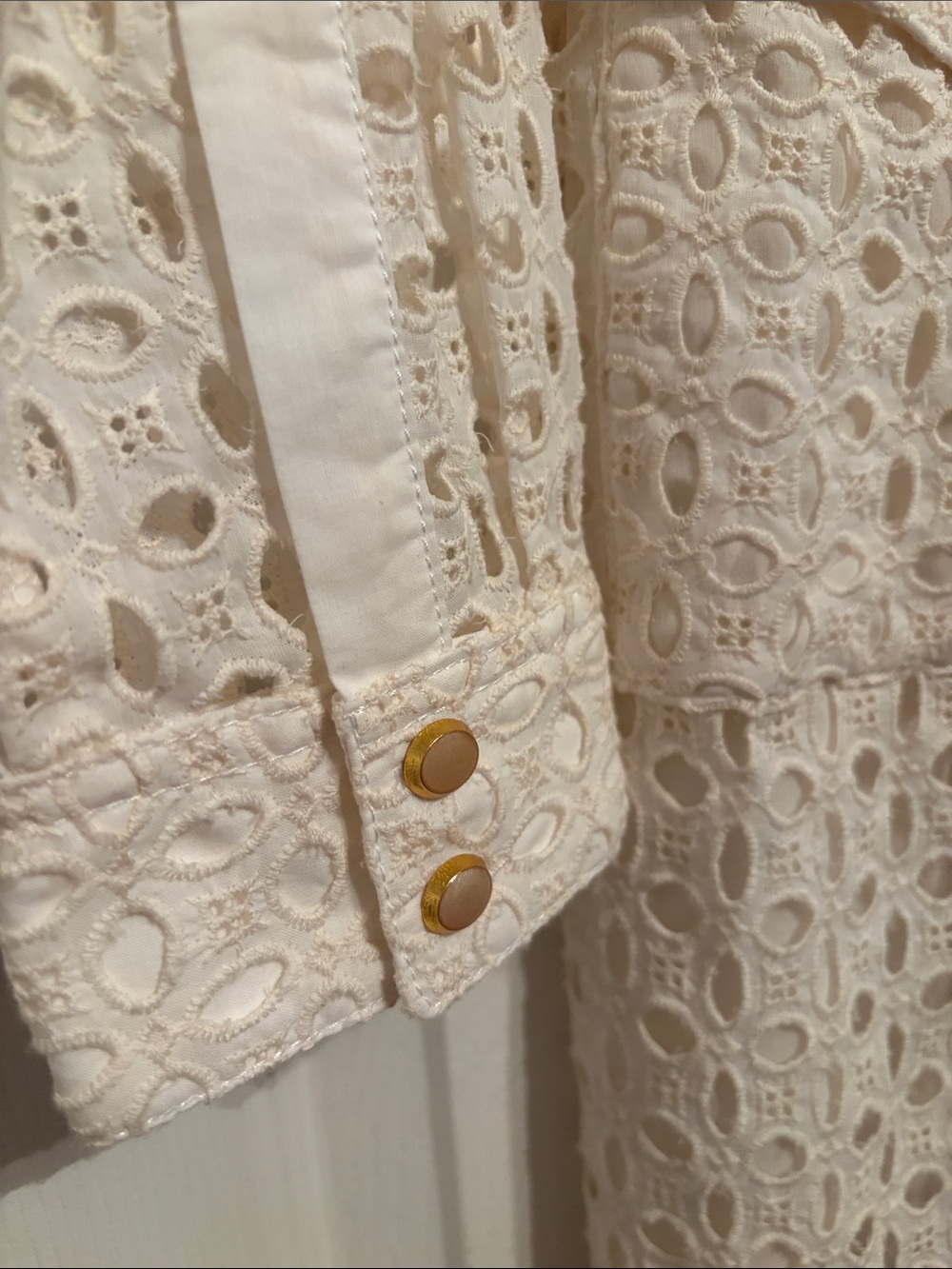 Zara Cream Eyelet Lace Long-Sleeve Shirt Dress with Gold Buttons - Picture 2 of 8
